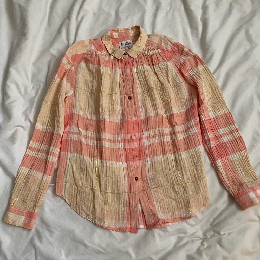 HOLDING HORSES Coral and Beige Plaid Button Down Shirt Anthropology